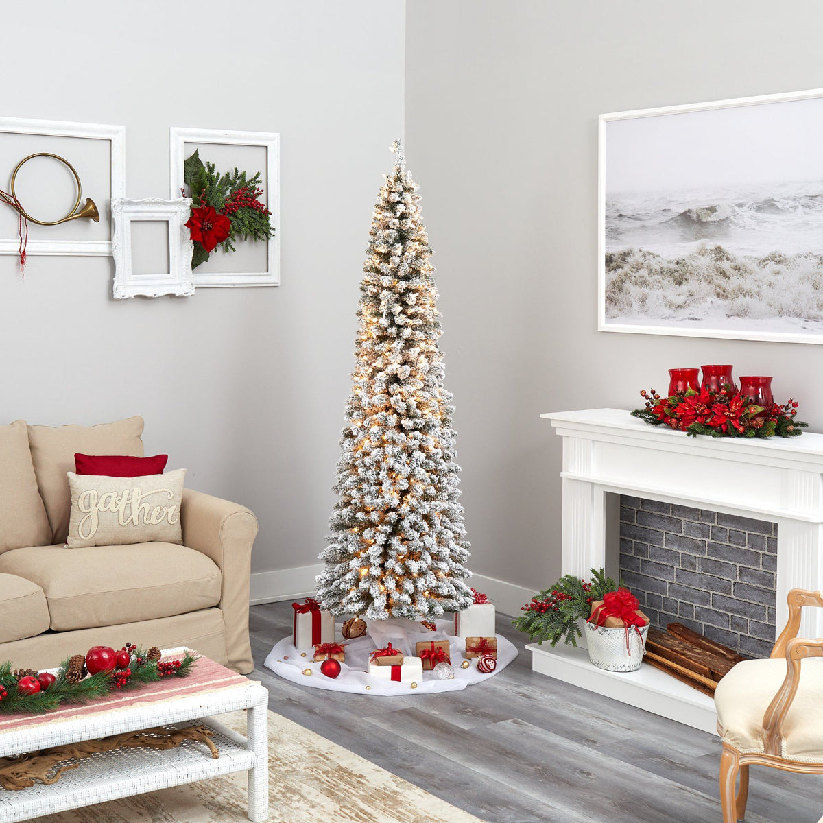 7’ Flocked Pencil Artificial Christmas Tree with 400 Clear Lights and 574 Bendable Branches