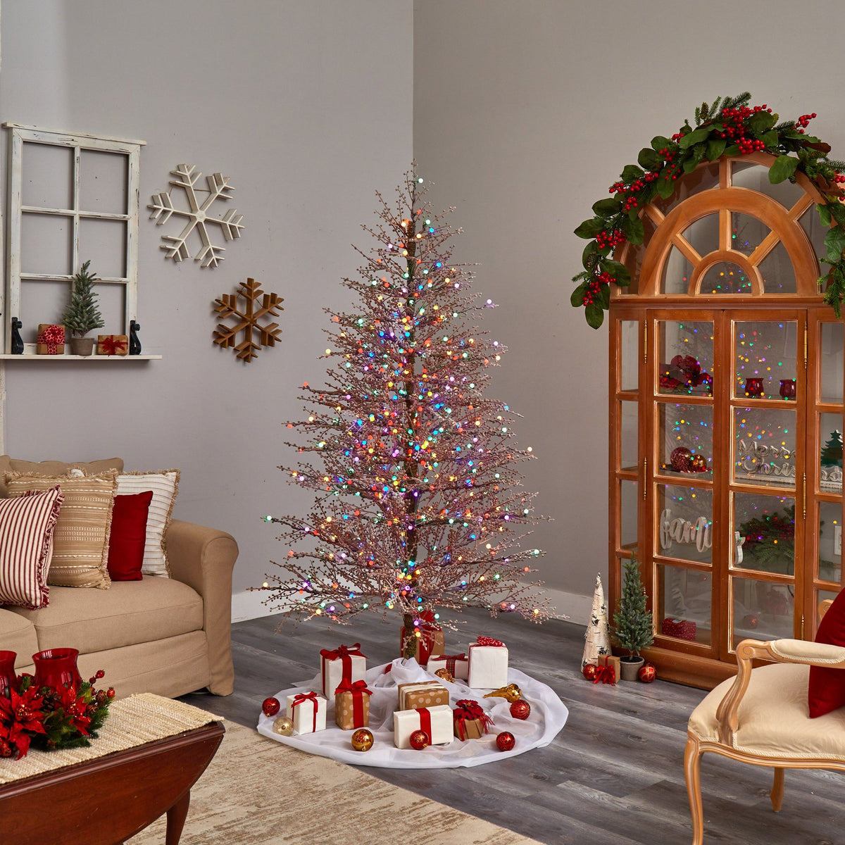 7' Frosted Berry Twig Christmas Tree with 450 Multicolored Gum Ball LED Lights and 1192 Bendable Branches