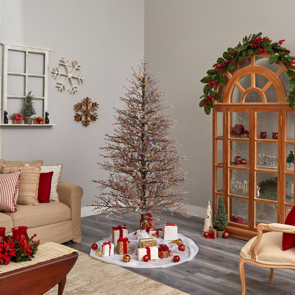 7' Frosted Berry Twig Christmas Tree with 450 Multicolored Gum Ball LED Lights and 1192 Bendable Branches