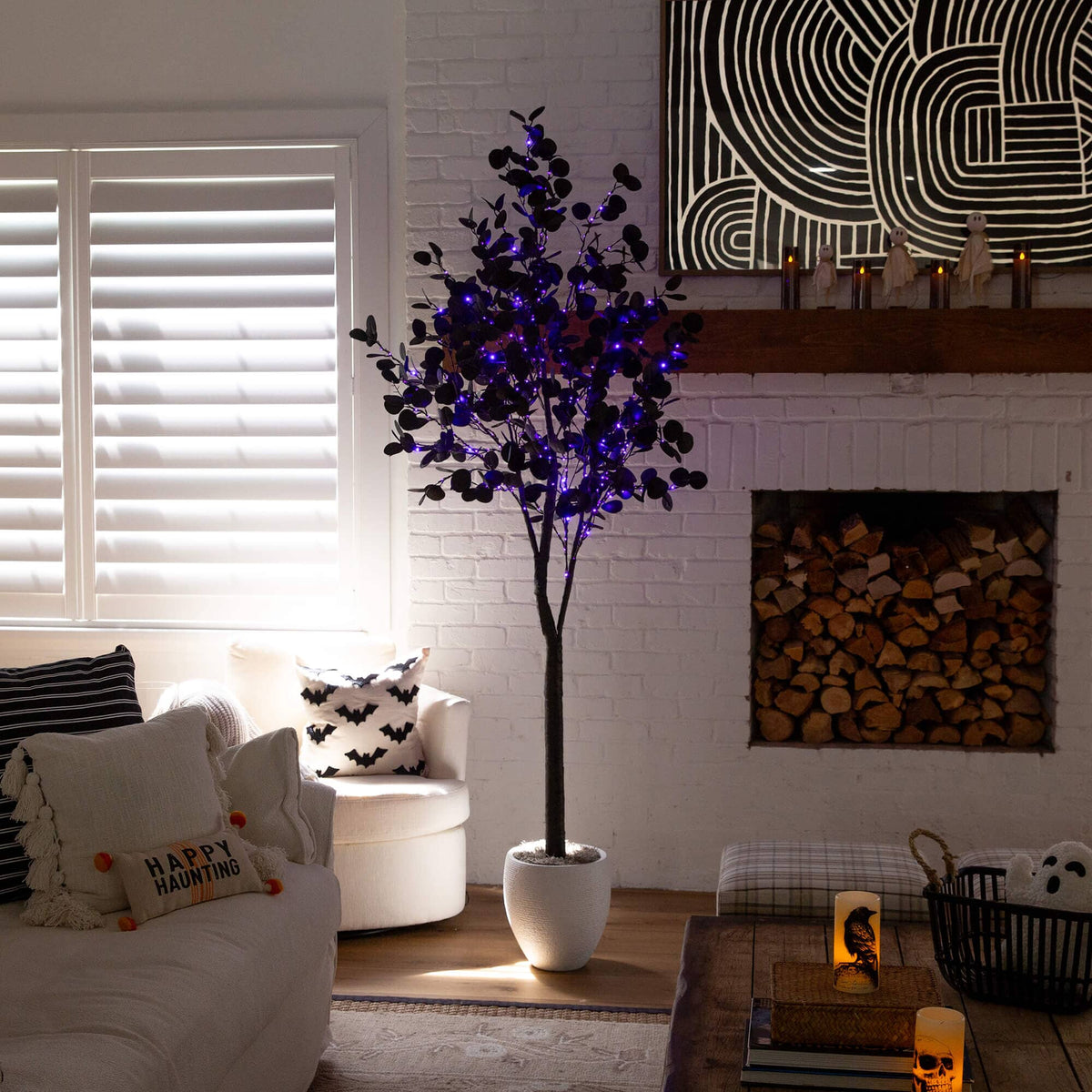 7' Pre-Lit Artificial Halloween Black Eucalyptus Tree with 420 Orange & Purple LED Lights