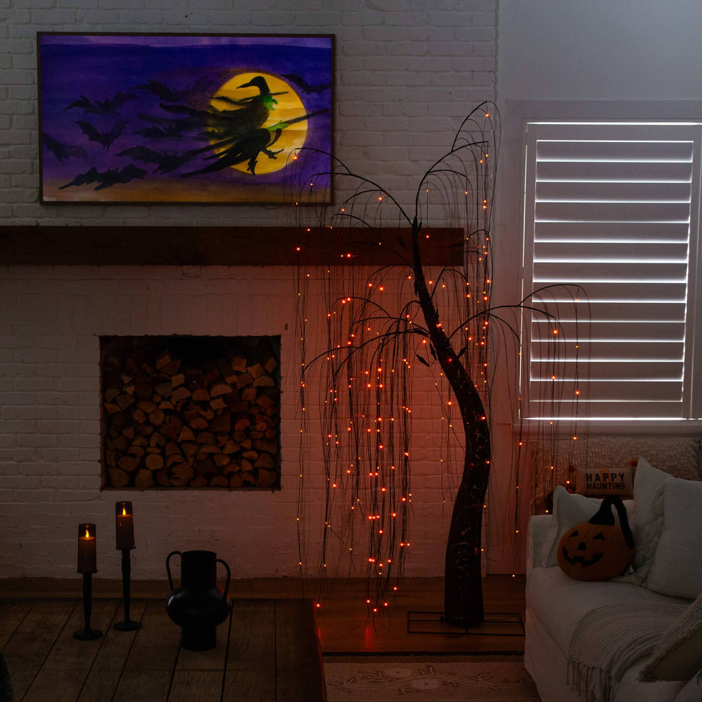 7' Pre-Lit Artificial Halloween Black Willow Tree with 600 Purple and Orange Dual Color LED Lights