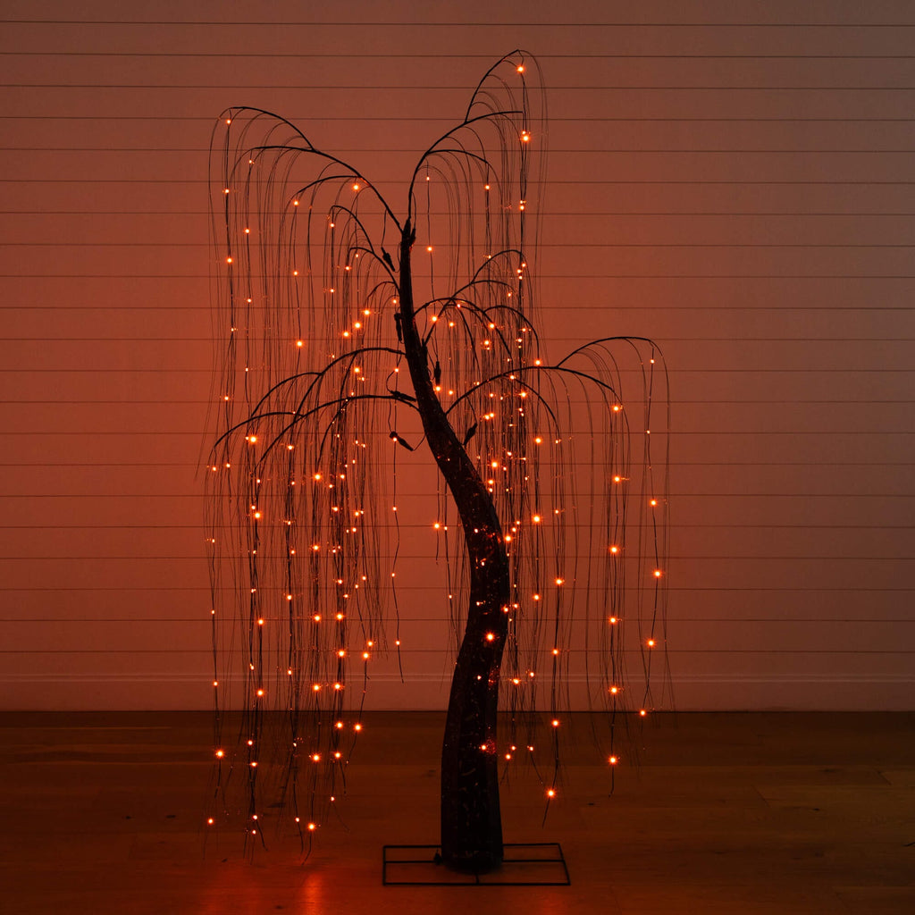 7' Pre-Lit Artificial Halloween Black Willow Tree with 600 Purple and Orange Dual Color LED Lights