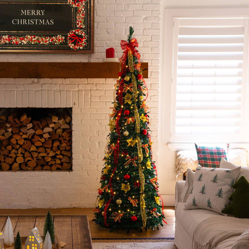 7' Pre-Lit Artificial Pop up Christmas Tree with Red & Gold Ornaments, Ribbons and 180 Warm White LED Lights