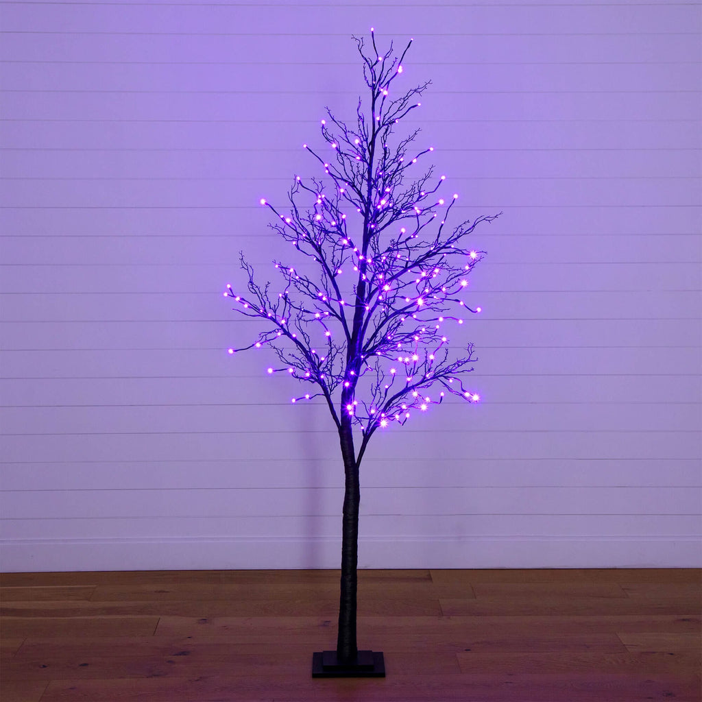 7' Pre-Lit Halloween Deluxe Black Twig Artificial Tree with 180 Orange & Purple LED Lights