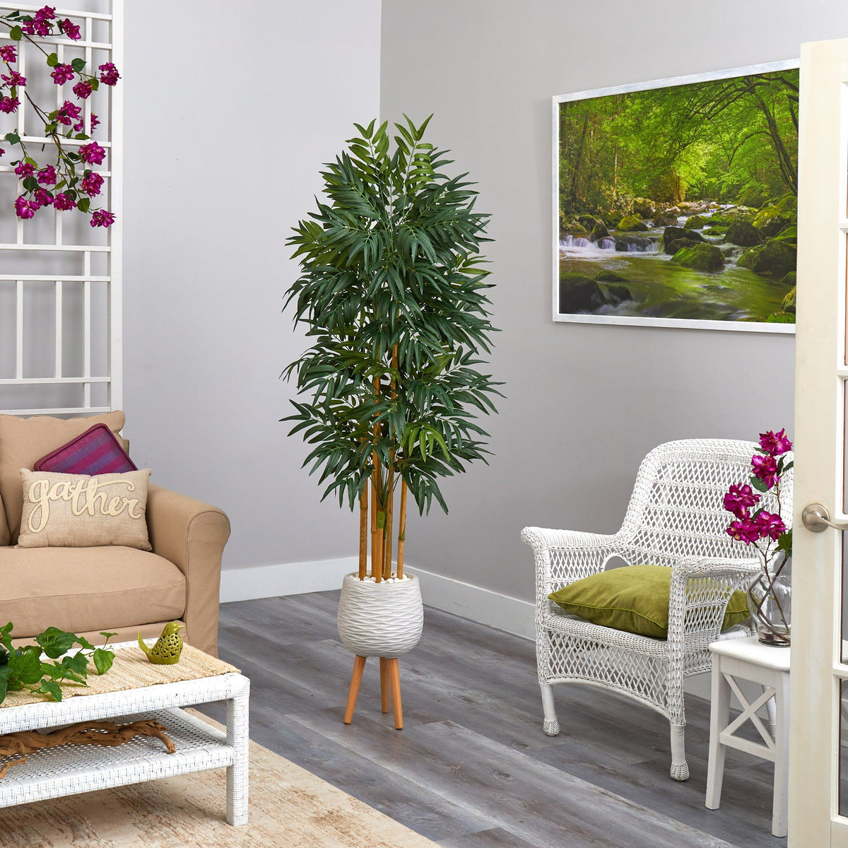 74” Phoenix Palm Artificial tree in White Planter with Stand