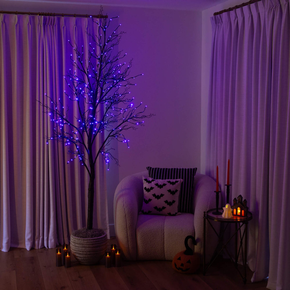 8' Pre-Lit Halloween Deluxe Black Twig Artificial Tree with 216 Orange & Purple LED Lights