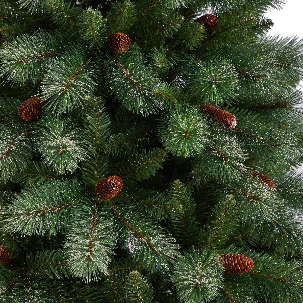 8’ Snowed French Alps Mountain Pine Christmas Tree with 1159 Bendable Branches and Pine Cones