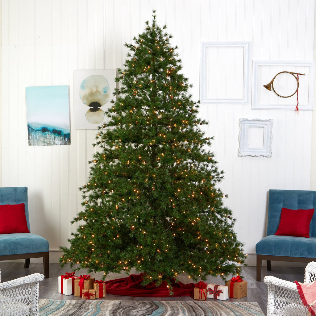 9’ Colorado Mountain Pine Artificial Christmas Tree with 650 Clear Lights, 3197 Bendable Branches and Pine Cones