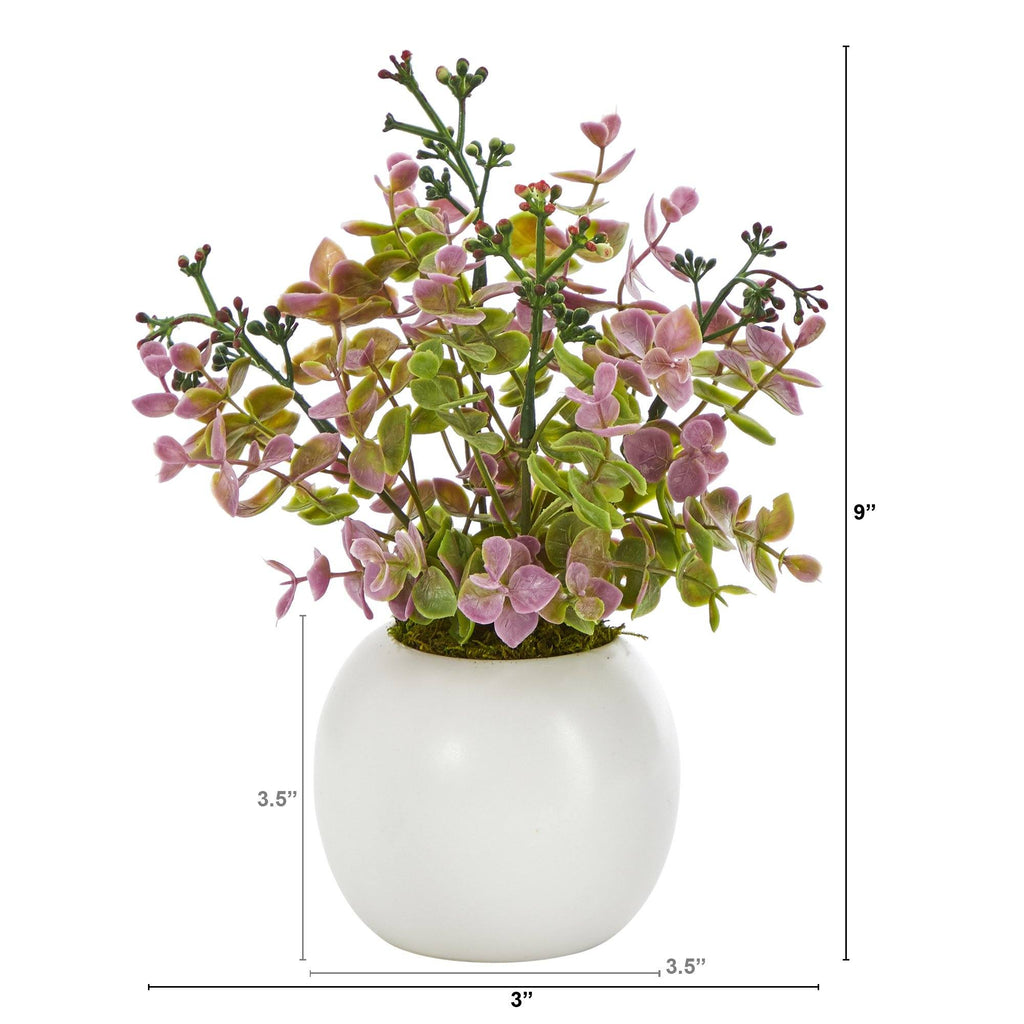 9” Eucalyptus and Sedum Succulent Artificial Plant in White Planter