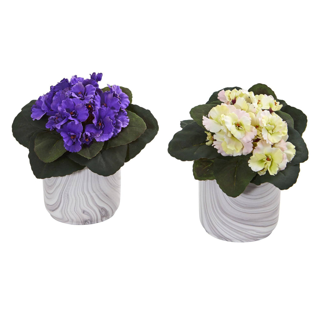 African Violet Artificial Plant in Marble Vase (Set of 2)