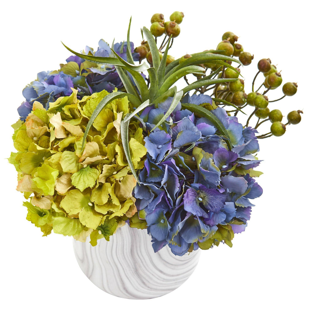 Hydrangea and Berries Artificial Arrangement in Marble Finished Vase