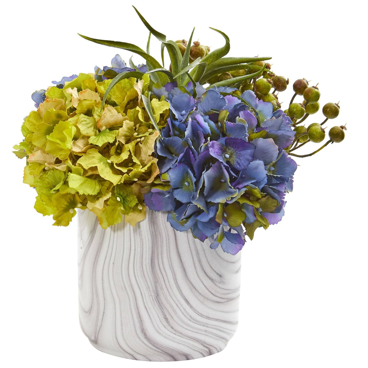 Hydrangea and Berries Artificial Arrangement in Marble Finished Vase