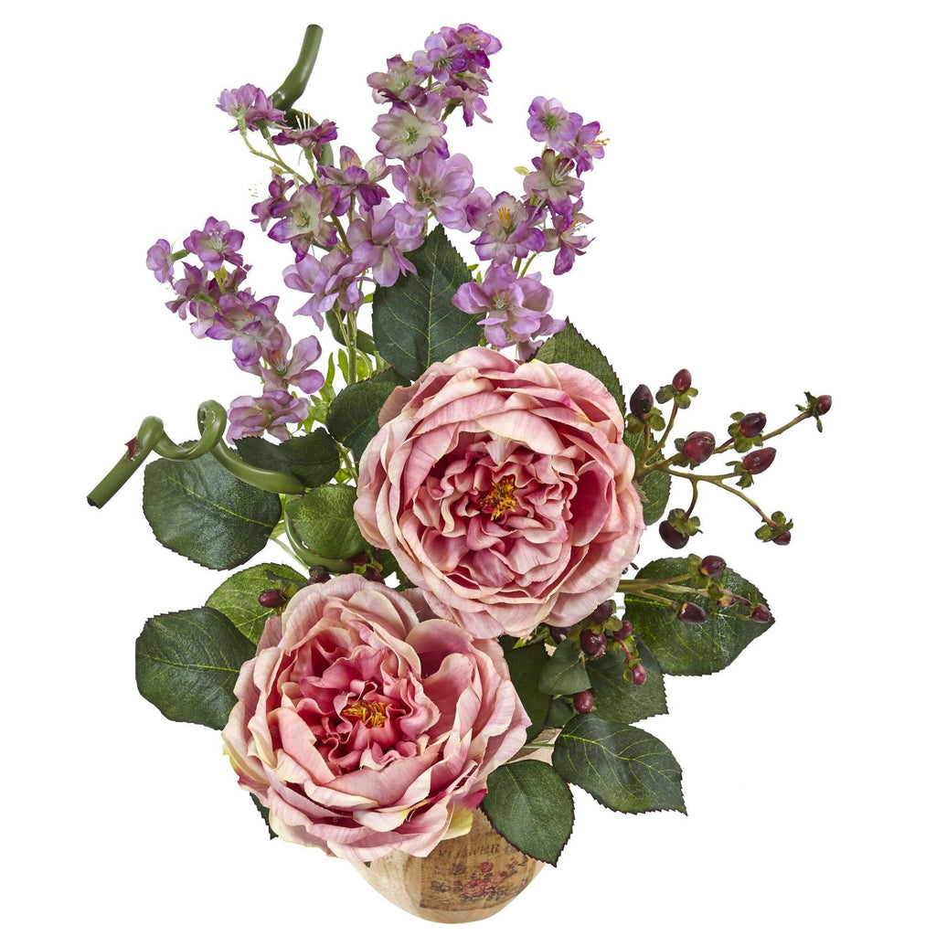Large Rose and Dancing Daisy in Wooden Pot
