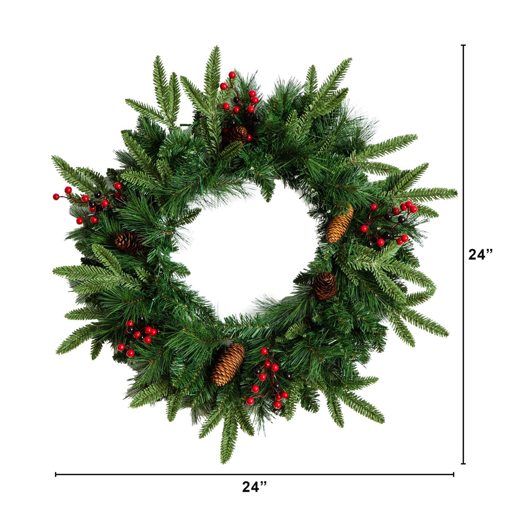 Pre-Lit Artificial Christmas Holiday 5 Piece Bundle with Pinecones & Berries- Set of 2 5' Christmas Trees, 24-in Wreath and set of 2 9-ft Garlands