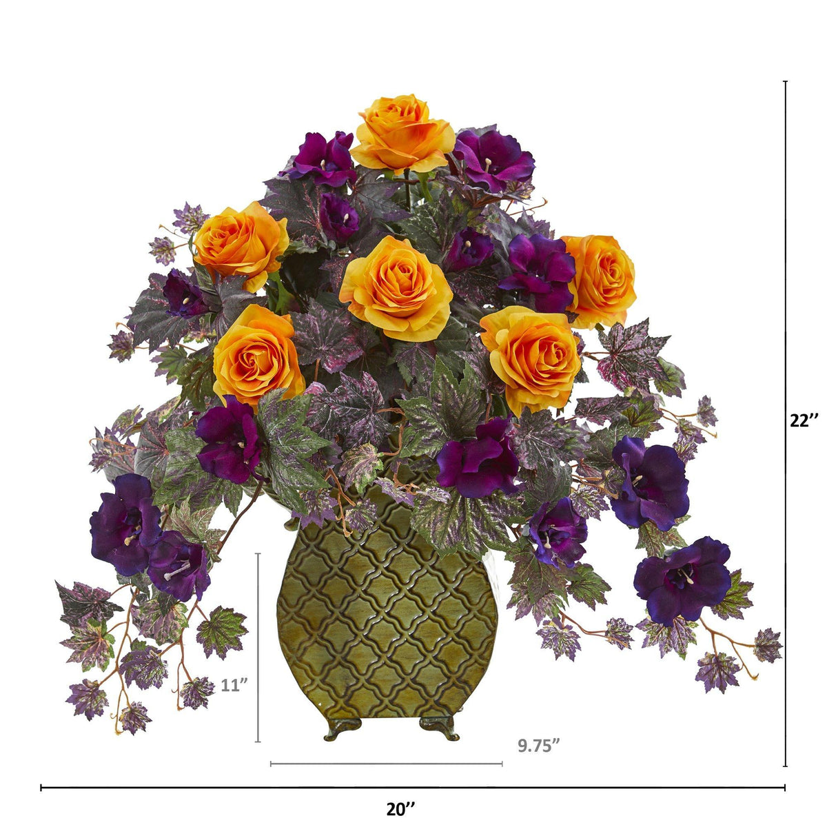 Rose and Gloxinia Artificial Arrangement in Metal Vase
