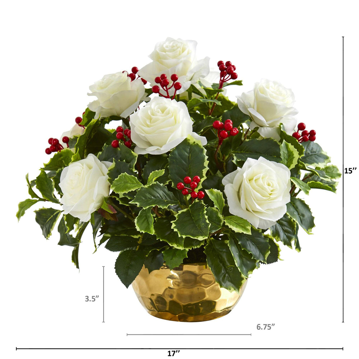 Rose and Variegated Holly Leaf Artificial Arrangement in Gold Bowl