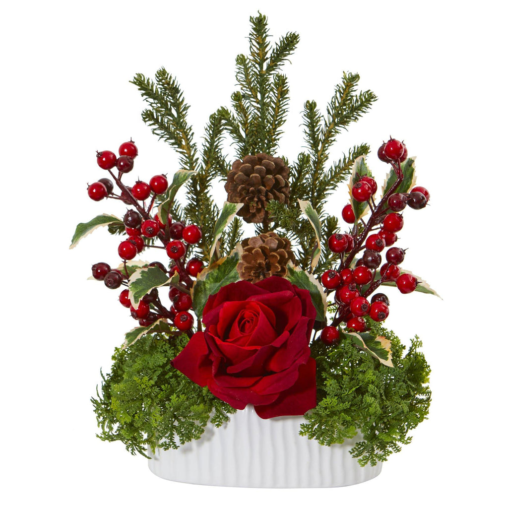 Rose, Holly Berry, Pine & Pinecone Artificial Arrangement in White Vase
