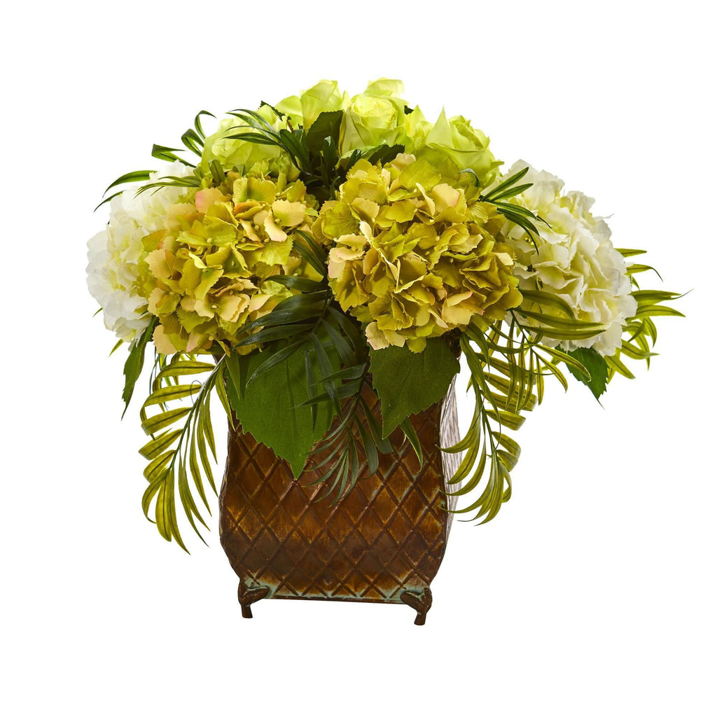 Roses and Hydrangea Artificial Arrangement in Metal Planter