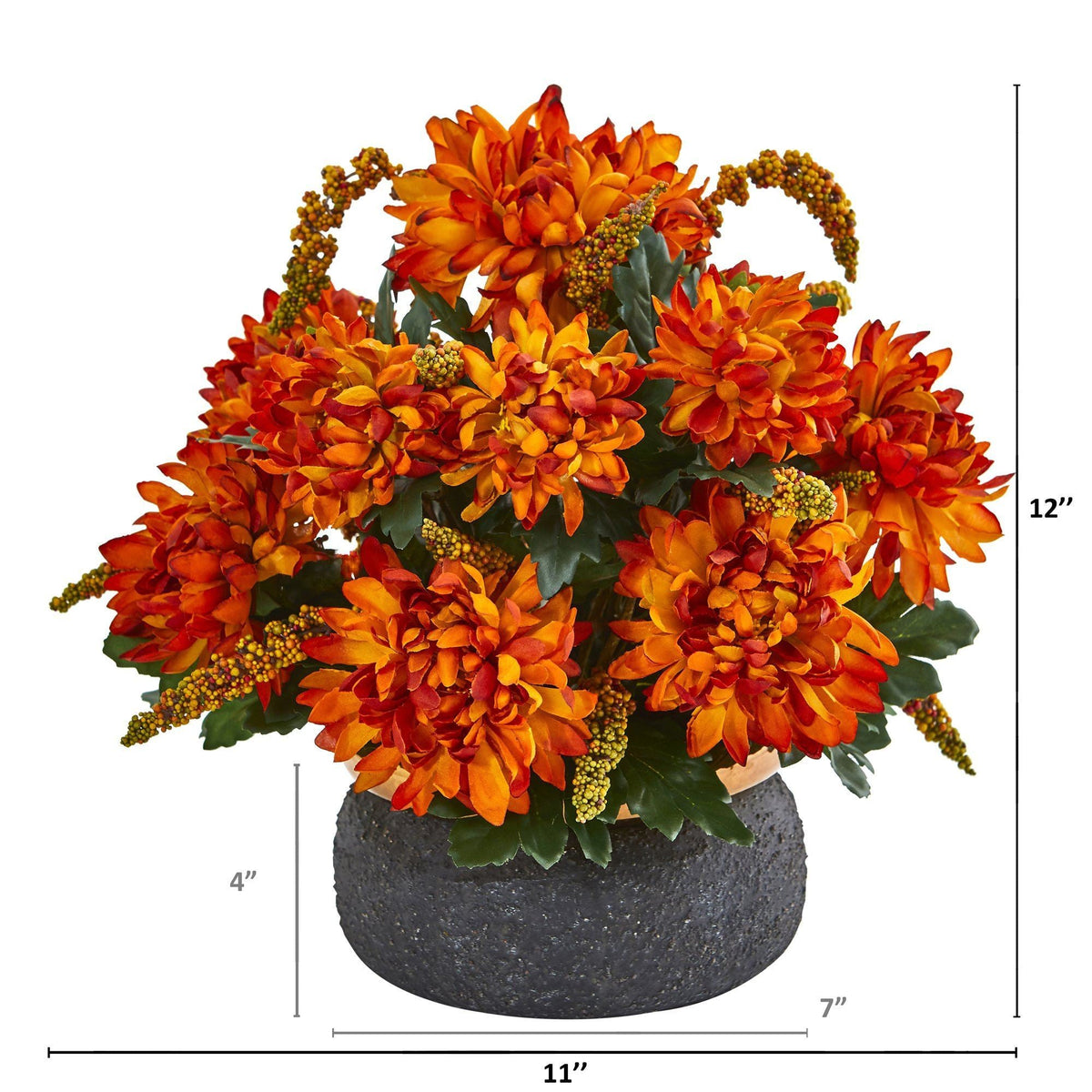 Spider Mum and Berries Artificial Arrangement in Stoneware Bowl