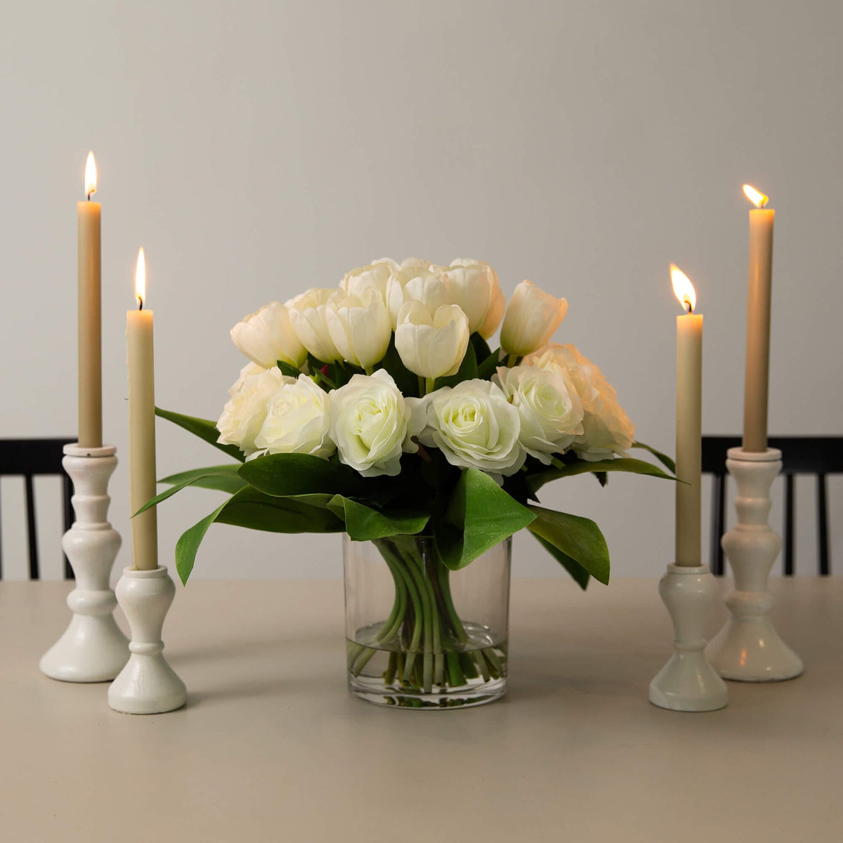 Wedding Collection 20" Artificial Roses and Tulips Arrangement in Glass Vase