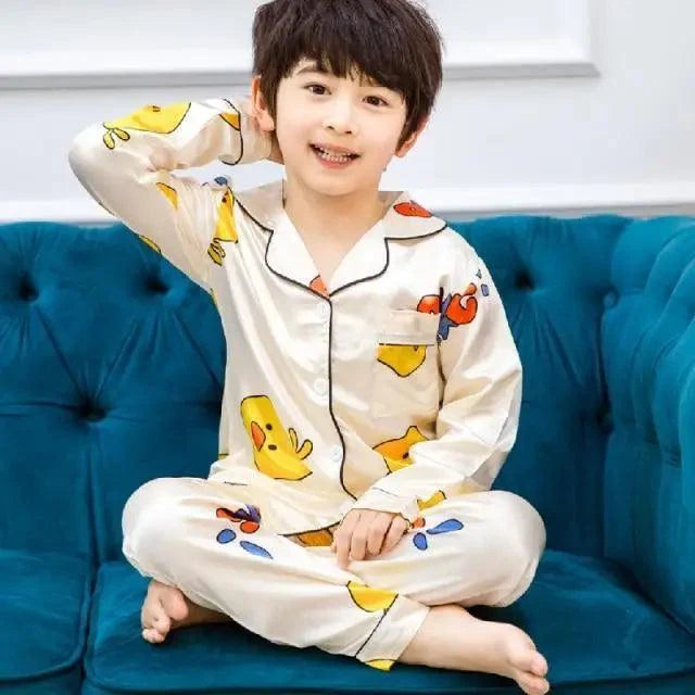 Autumn Winter Long Sleeve Kid Sleepwear Set Silk Pajamas Set Boys Pajamas Sets For Kids Home Cloth Girls Pajamas Set Kids Pajamas Sets Girls Cartoon Pattern Night Suit Children Sleepwear Pajamas Kids Silk Nightwear