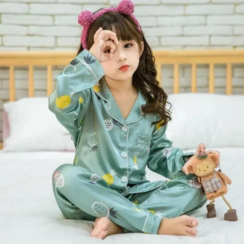 Autumn Winter Long Sleeve Kid Sleepwear Set Silk Pajamas Set Boys Pajamas Sets For Kids Home Cloth Girls Pajamas Set Kids Pajamas Sets Girls Cartoon Pattern Night Suit Children Sleepwear Pajamas Kids Silk Nightwear