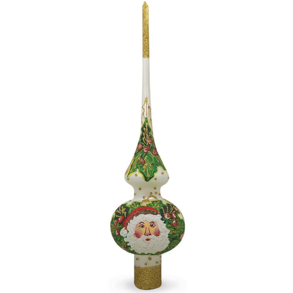 Santa Head and Mistletoe on White Glass Christmas Tree Topper 11 Inches