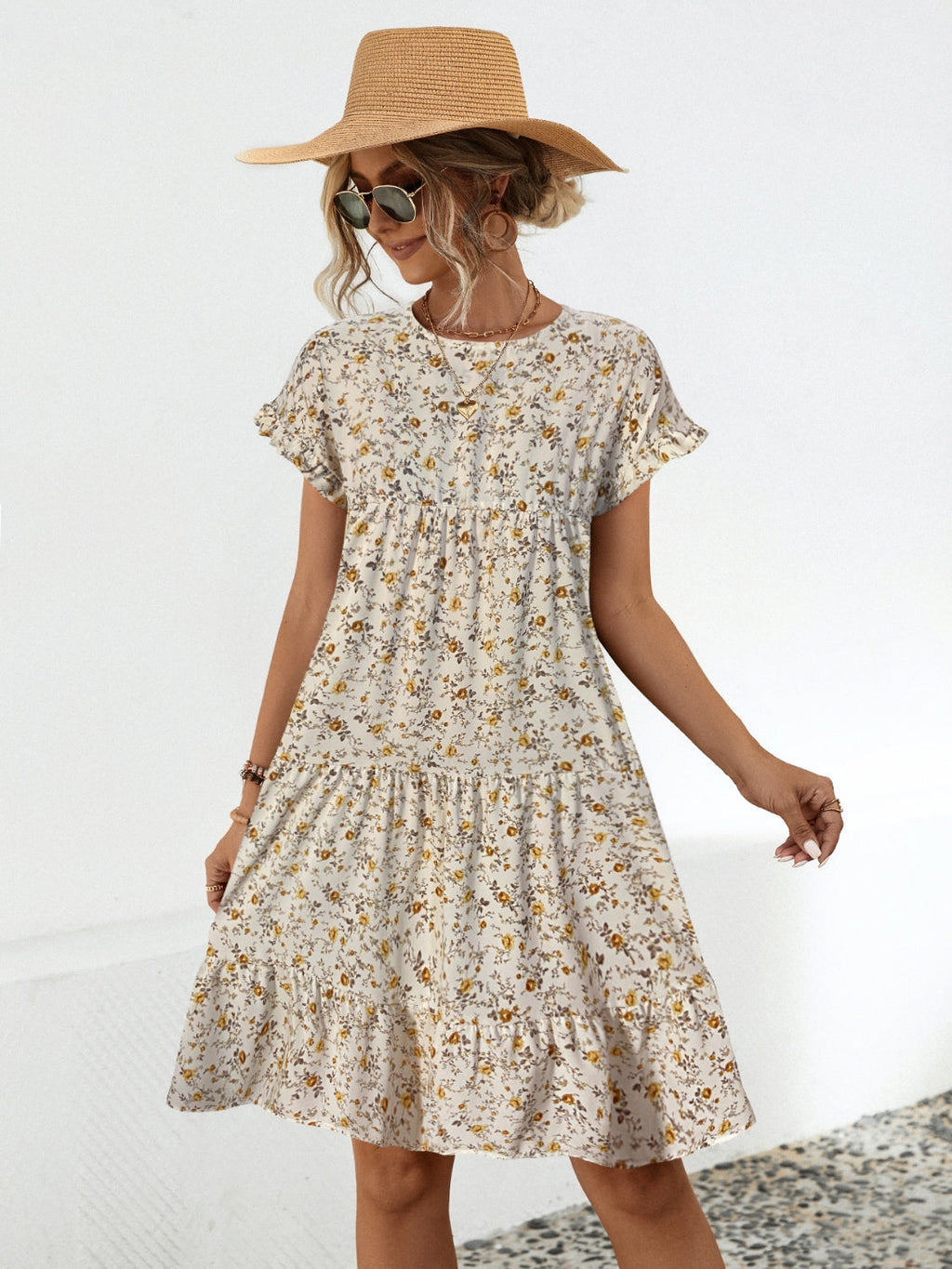 Floral Round Neck Short Sleeve Dress Elegant & Effortless Everyday Style Women Dress