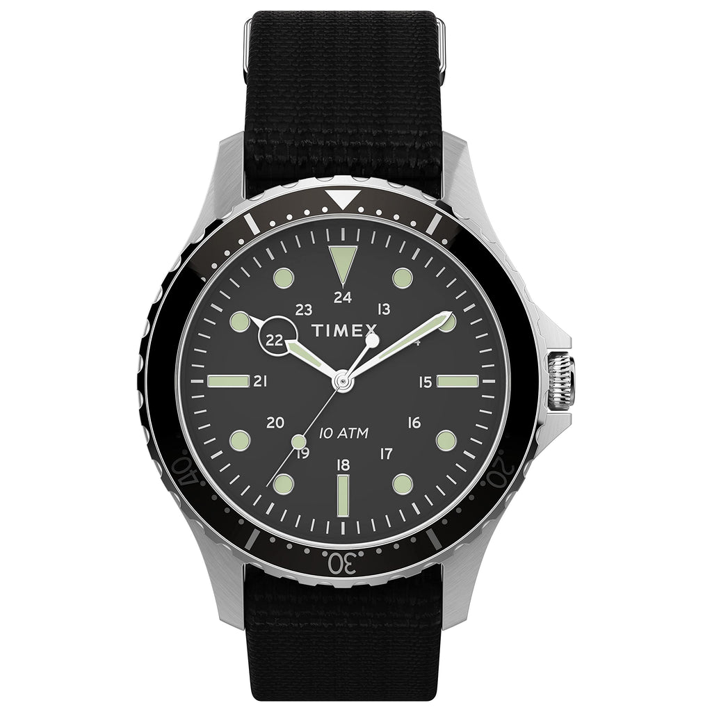 Timex Mens Navi XL 41mm Watch – Stainless Steel Case Black Dial with Black Fabric Slip-Thru Strap