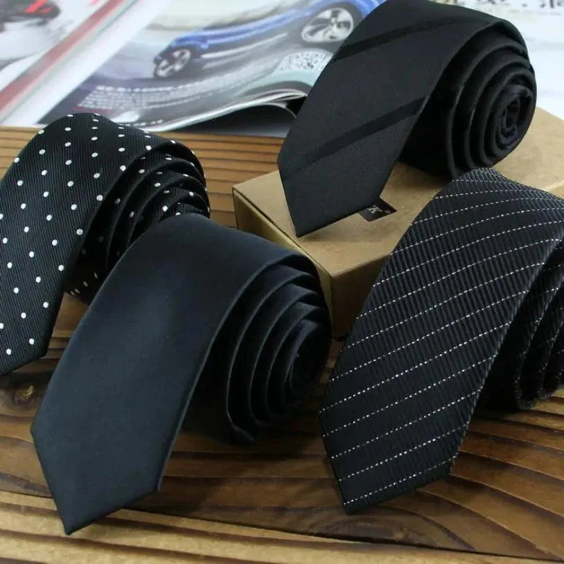 Business Black Skinny Ties Polyester Silk Necktie For Men Washable Formal Office Simple Design Necties Solid Color Skinny Tie Slim Necktie For Men