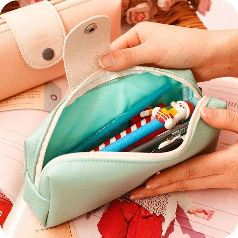 Candy Color Unique Design  PU Leather Metal Button Pencil Cases For Girls Cute Stationary Boy Pencil Pouch For Students
