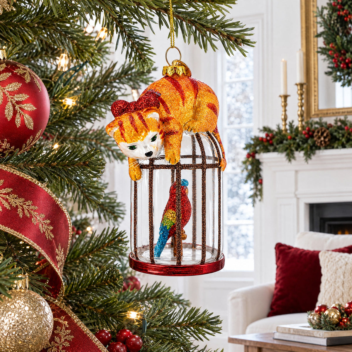 Cat on Birdcage with Parrot Glass Christmas Ornament