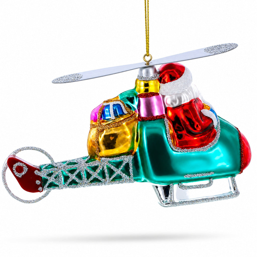 Santa’s Gift Delivery Helicopter Glass Christmas Ornament