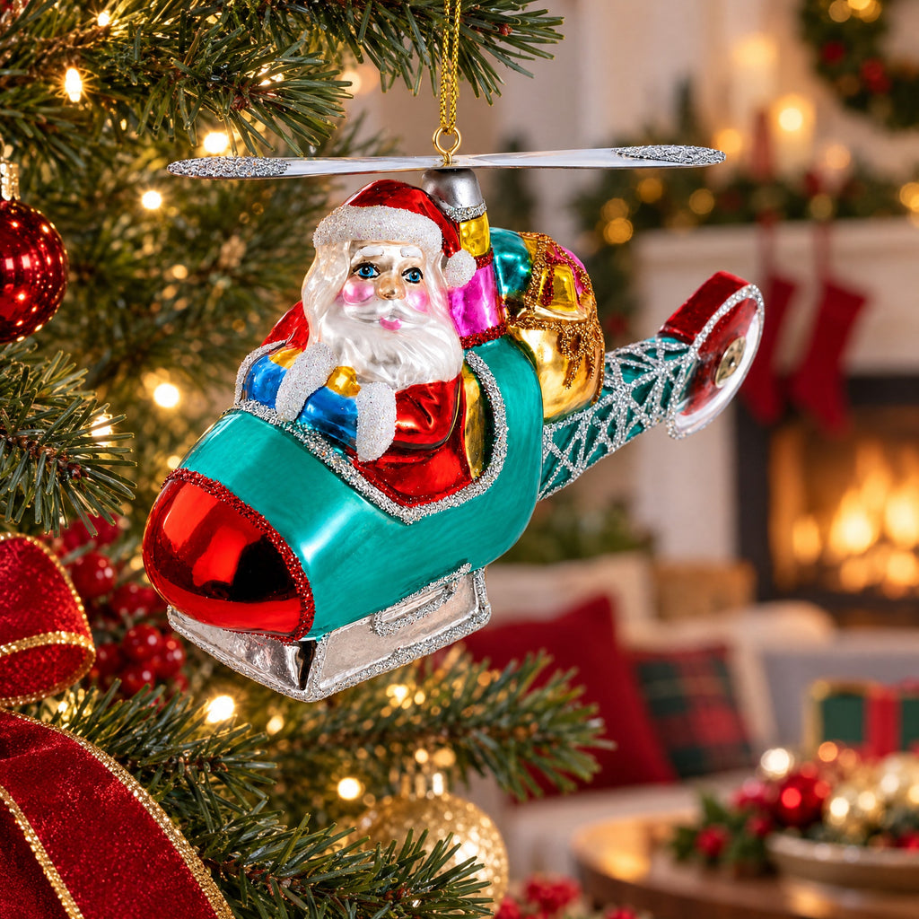 Santa’s Gift Delivery Helicopter Glass Christmas Ornament