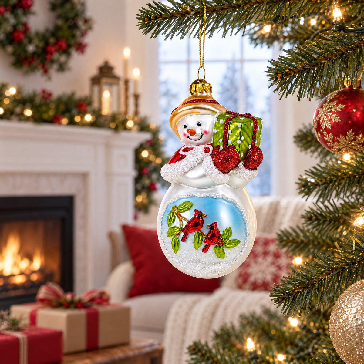 Snowman with Red Cardinals Holding a Gift Glass Christmas Ornament