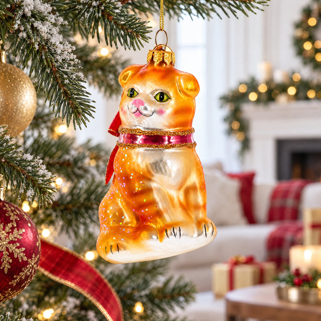 Glittered Orange Cat Glass Christmas Ornament