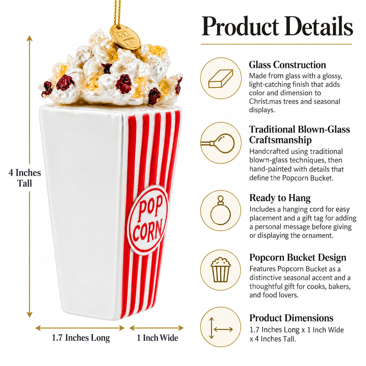 Popcorn Bucket Glass Christmas Ornament