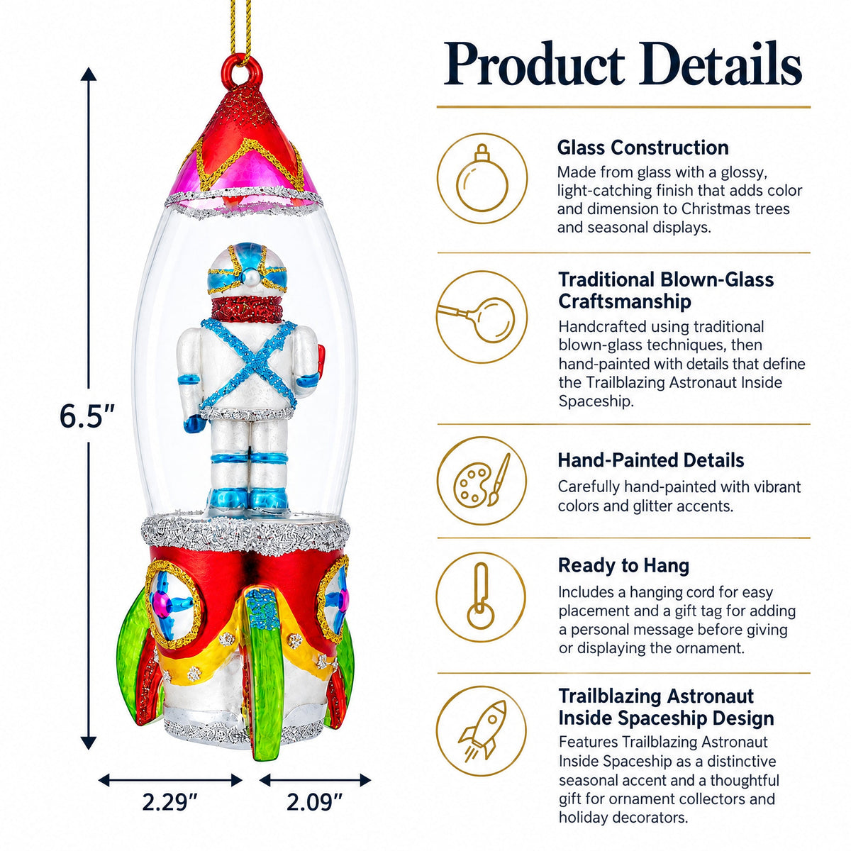 Trailblazing Astronaut Inside Spaceship Glass Christmas Ornament