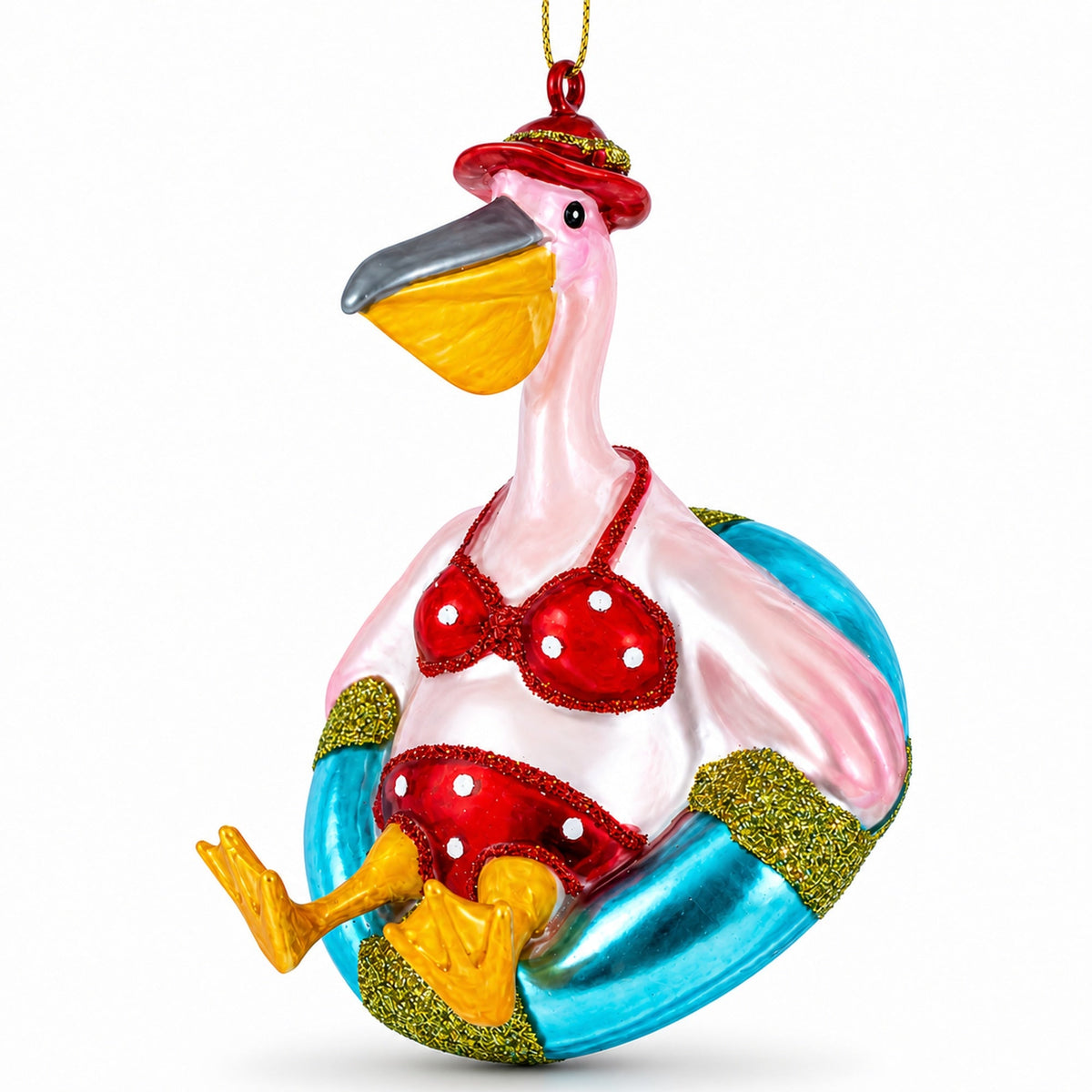 Pelican in Red Swimsuit with Hat on Pool Float Glass Christmas Ornament