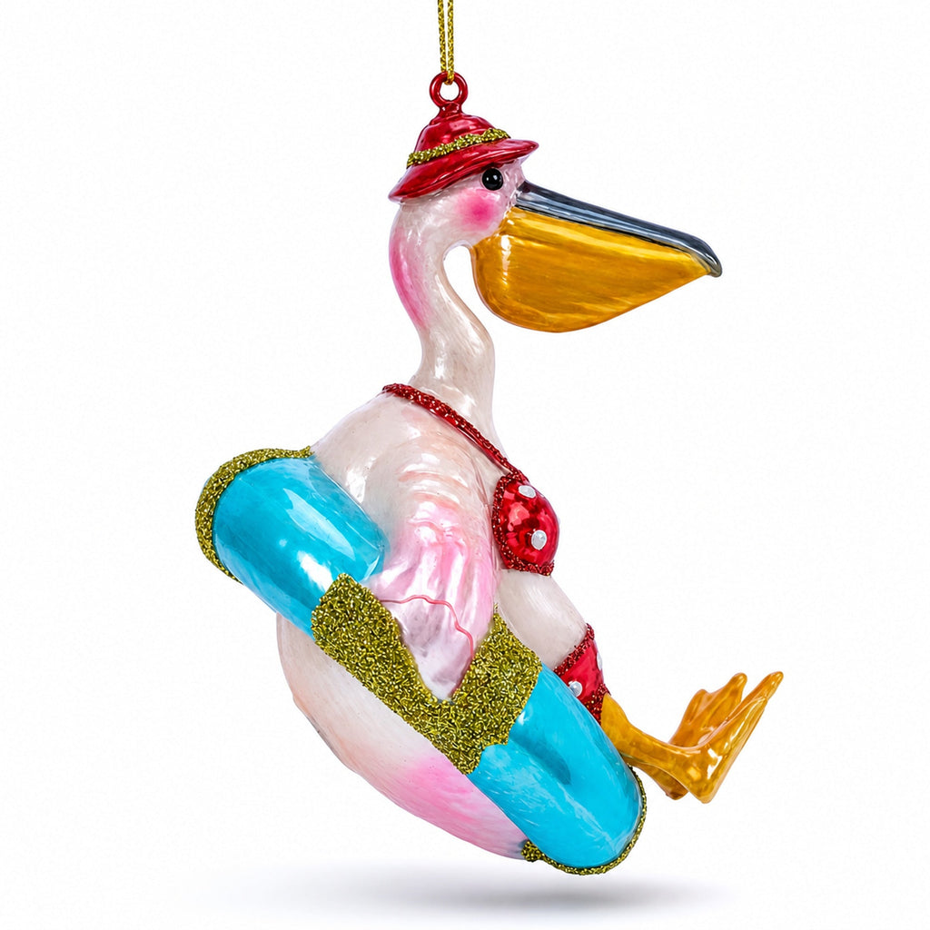 Pelican in Red Swimsuit with Hat on Pool Float Glass Christmas Ornament