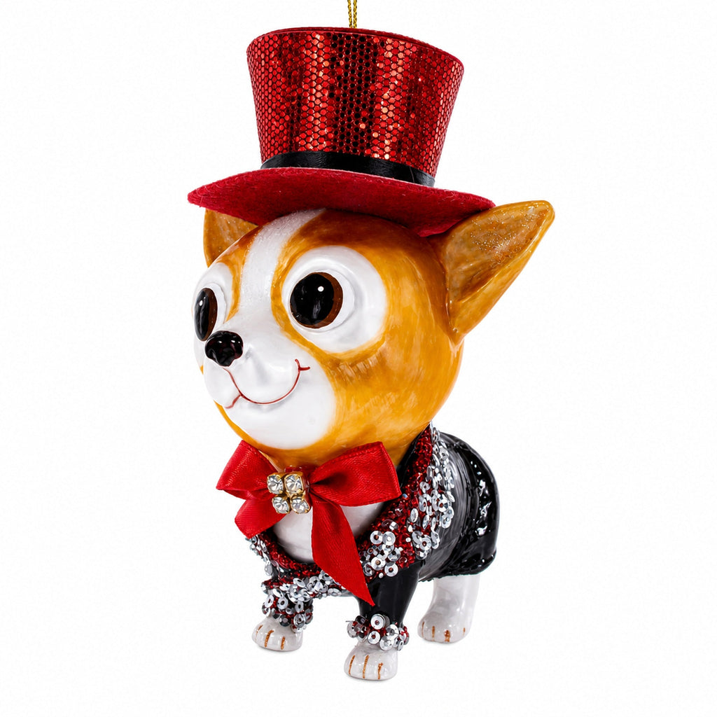 Chihuahua in Top Hat Glass Christmas Ornament