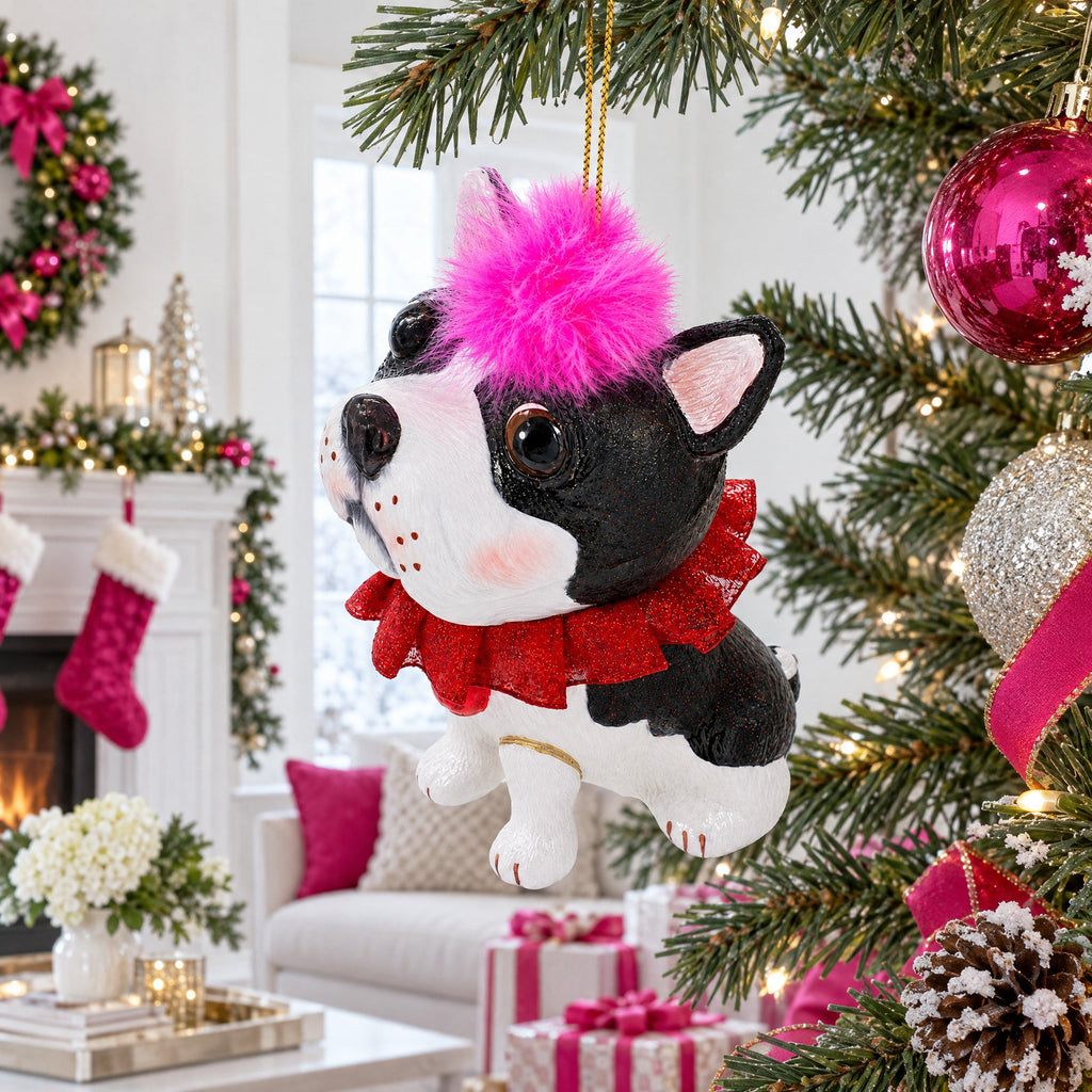 Boston Terrier with Pink Feather Glass Christmas Ornament