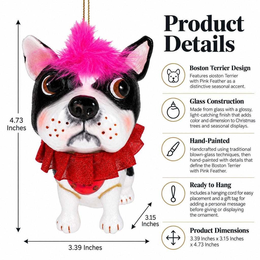 Boston Terrier with Pink Feather Glass Christmas Ornament