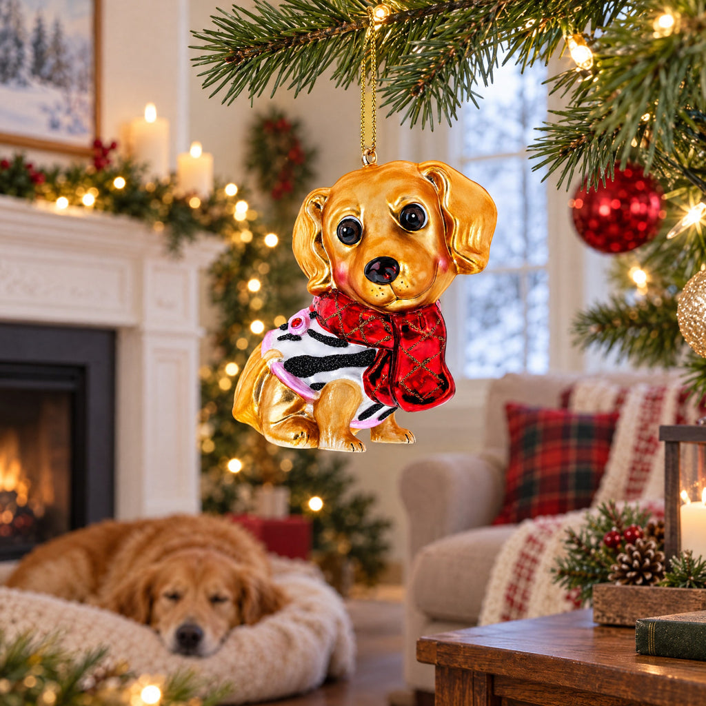 Golden Retriever Puppy in Red Scarf Glass Christmas Ornament