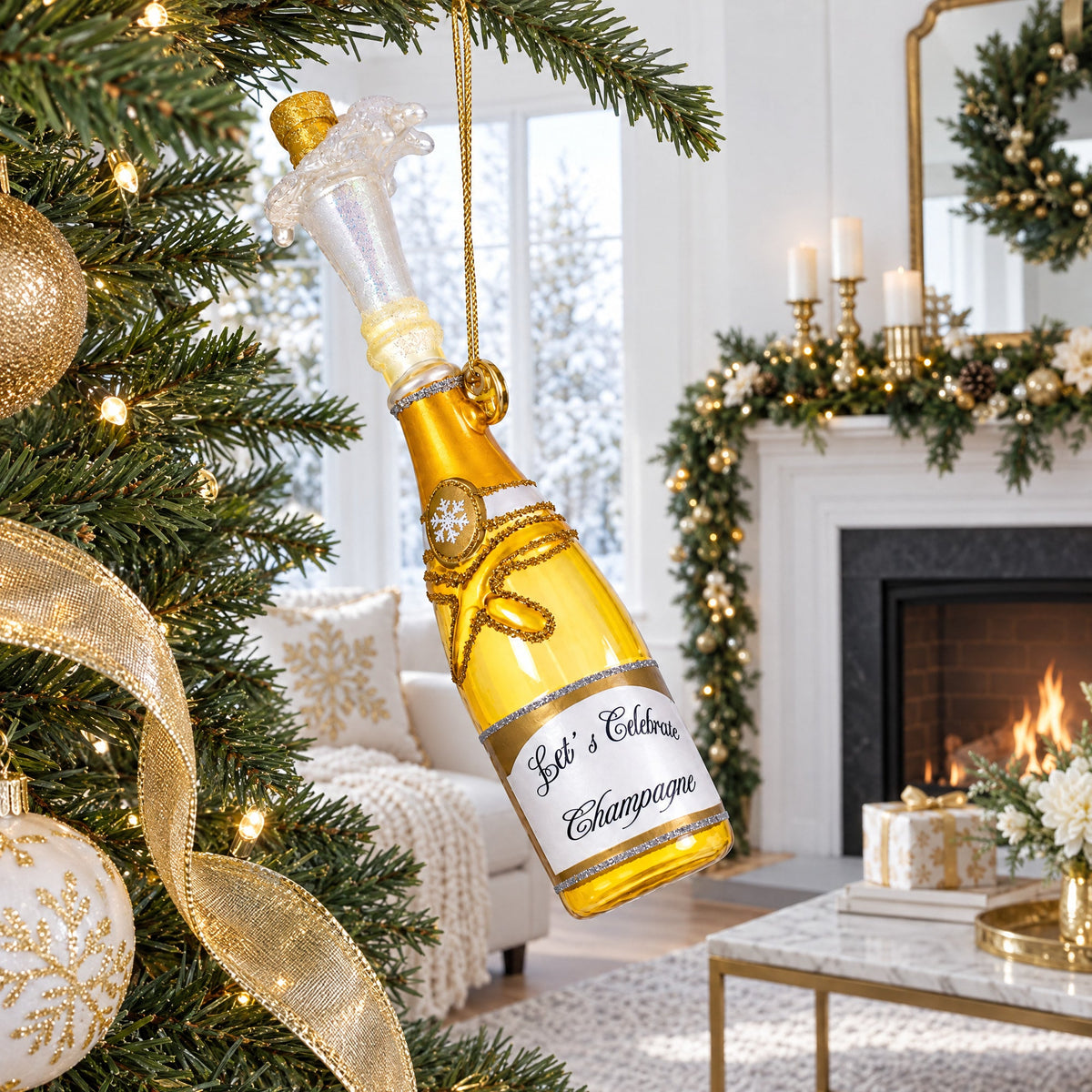 Champagne Bottle Pop Glass Christmas Ornament