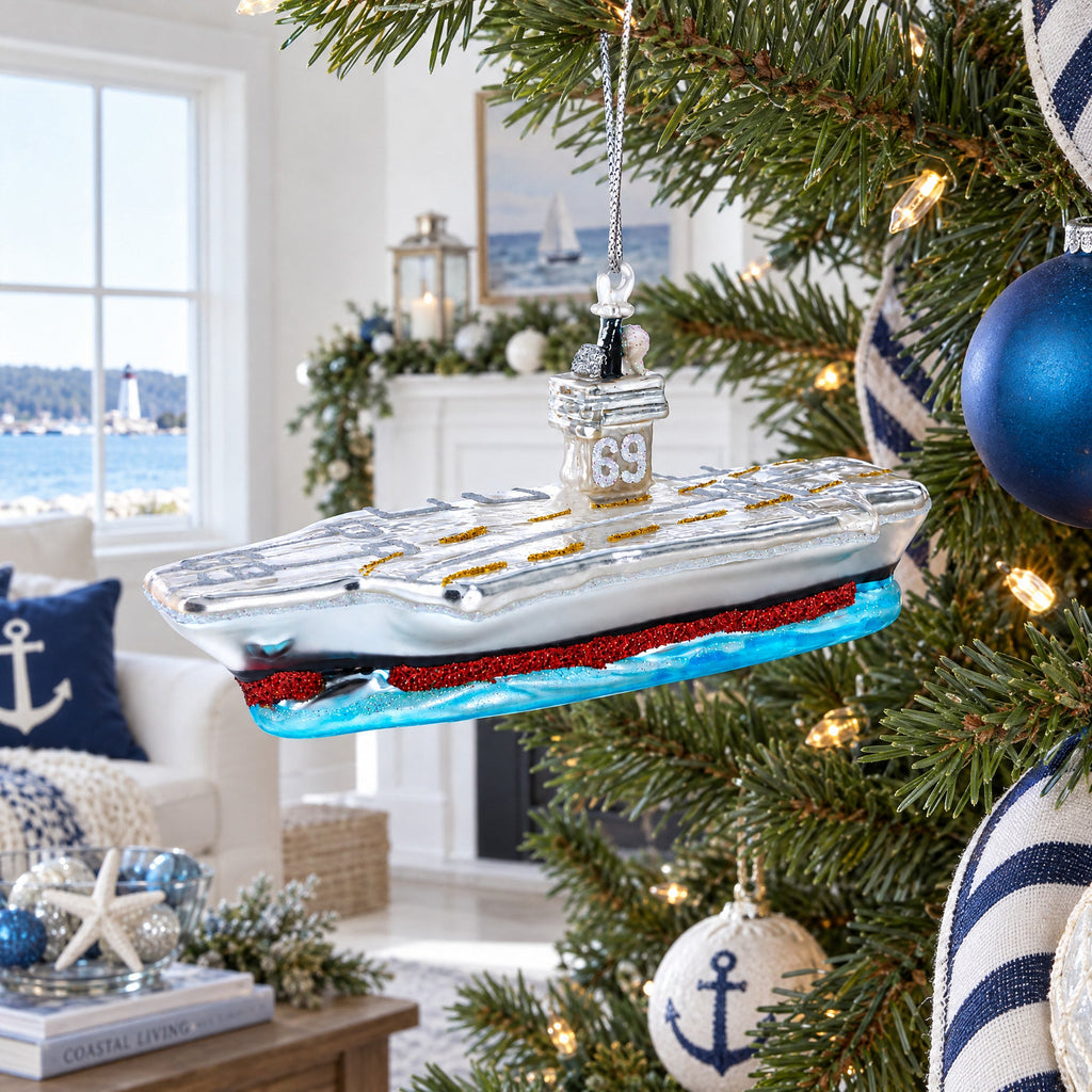 Aircraft Carrier Glass Christmas Ornament