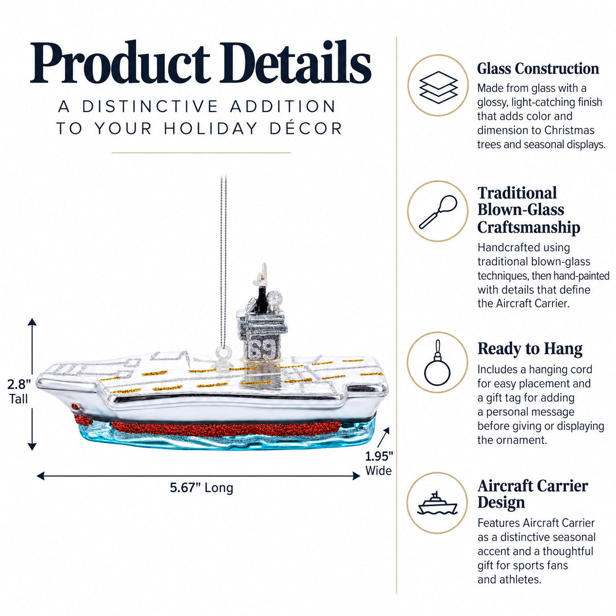 Aircraft Carrier Glass Christmas Ornament