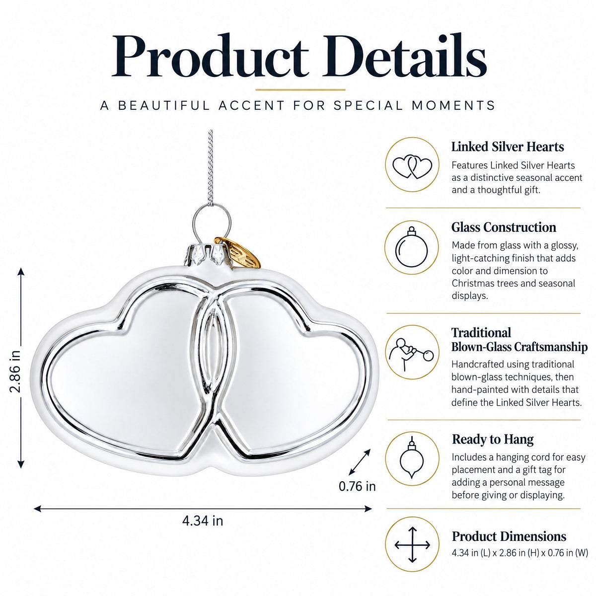 Linked Silver Hearts Glass Christmas Ornament