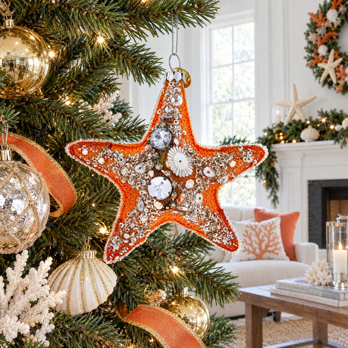 Glittered Starfish Glass Christmas Ornament