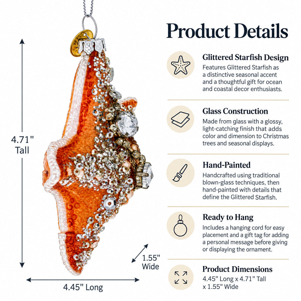 Glittered Starfish Glass Christmas Ornament